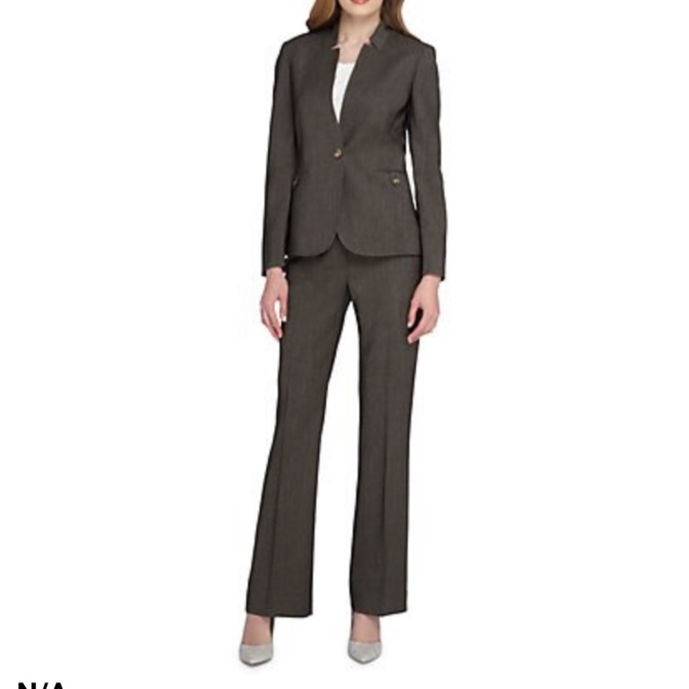 Tahari Solid Single Button Pant Suit Olive Green - Picture 2 of 16